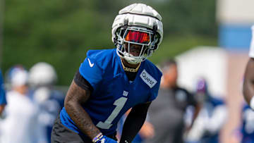 New York Giants wide receiver Malik Nabers (1) gets ready for a play during day one of the New York Giants training camp at Quest Diagnostics Giants Training Center in East Rutherford on Wednesday, July 23, 2025.