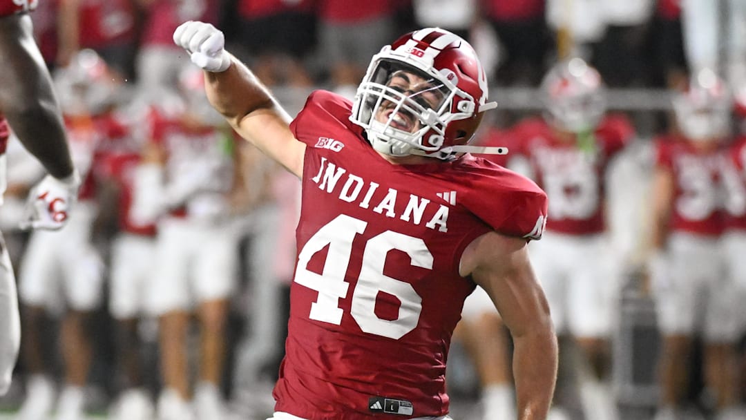 Sep 20, 2025; Bloomington, Indiana, USA; Indiana Hoosiers linebacker Isaiah Jones (46) celebrates after a sack during the first half against the Illinois Fighting Illini at Memorial Stadium. 