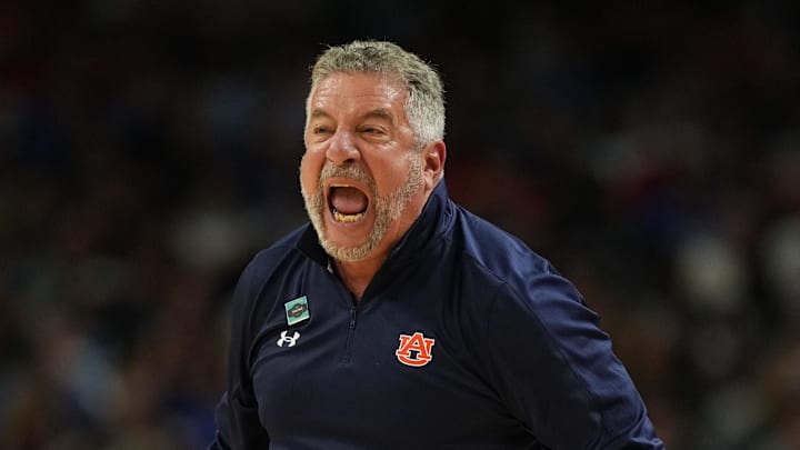 Apr 5, 2025; San Antonio, TX, USA; Auburn Tigers head coach Bruce Pearl reacts after a play against the Florida Gators during the second half in the semifinals of the men's Final Four of the 2025 NCAA Tournament at the Alamodome. Mandatory Credit: Bob Donnan-Imagn Images