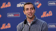 Jul 30, 2024; New York City, New York, USA; New York Mets president of baseball operations David Stearns speaks to the media about the MLB trade deadline before a game against the Minnesota Twins at Citi Field. Mandatory Credit: Brad Penner-Imagn Images