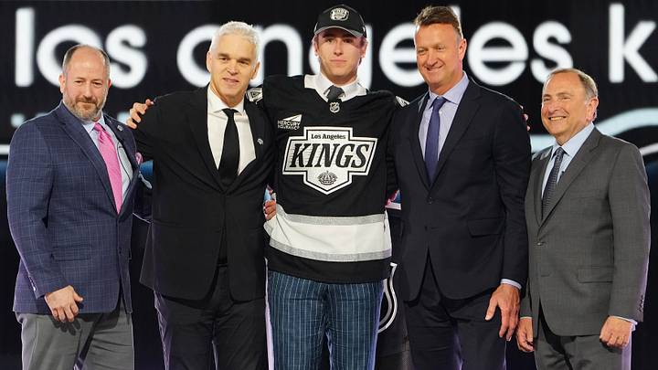 Jun 28, 2024; Las Vegas, Nevada, USA; Liam Greentree is selected by the Los Angeles Kings with the 26th overall pick in the first round of the 2024 NHL Draft at The Sphere. Mandatory Credit: Stephen R. Sylvanie-USA TODAY Sports Jun 28, 2024; Las Vegas, Nevada, USA; Liam Greentree is selected by the Los Angeles Kings with the 26th overall pick in the first round of the 2024 NHL Draft at The Sphere. Mandatory Credit: Stephen R. Sylvanie-USA TODAY Sports