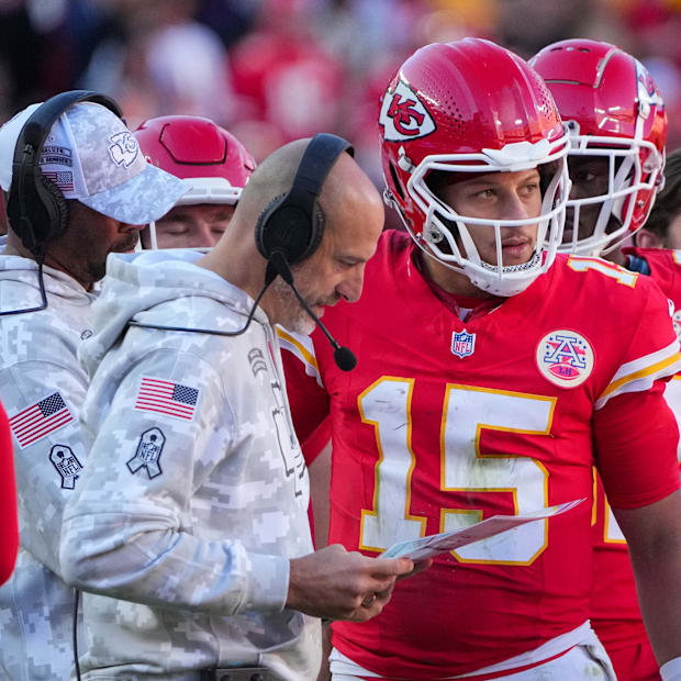 Kansas City Chiefs offensive coordinator Matt Nagy and quarterback Patrick Mahomes