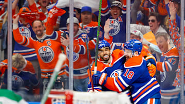 Edmonton Oilers left wing Evander Kane (91) and left wing Zach Hyman (18) celebrates a goal scored by Hyman 