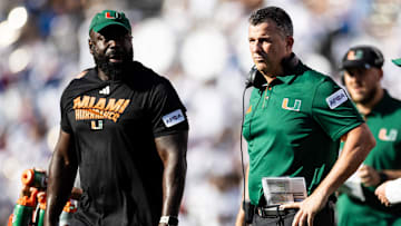 Aug 31, 2024; Gainesville, Florida, USA; Miami Hurricanes head coach Mario Cristobal looks during the second half against the Florida Gators at Ben Hill Griffin Stadium. Mandatory Credit: Matt Pendleton-Imagn Images