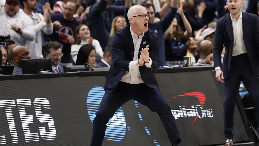 Mar 29, 2026; Washington, DC, USA; UConn Huskies head coach Dan Hurley celebrates after a play against the Duke Blue Devils in the second half during an Elite Eight game of the East Regional of the men's 2026 NCAA Tournament at Capital One Arena. Mandatory Credit: Geoff Burke-Imagn Images