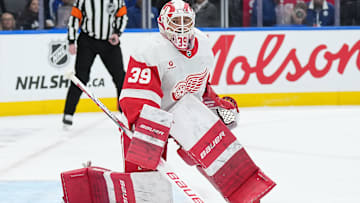 Apr 17, 2025; Toronto, Ontario, CAN; Detroit Red Wings goaltender Cam Talbot (39) follows the play against the Toronto Maple Leafs during the first period at Scotiabank Arena. Mandatory Credit: Nick Turchiaro-Imagn Images