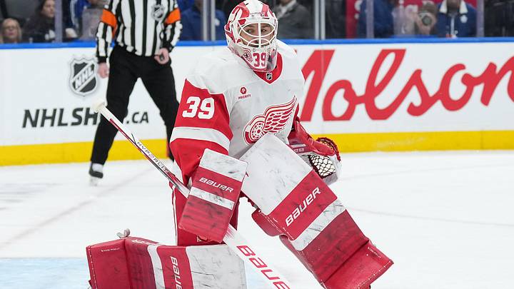 Apr 17, 2025; Toronto, Ontario, CAN; Detroit Red Wings goaltender Cam Talbot (39) follows the play against the Toronto Maple Leafs during the first period at Scotiabank Arena. Mandatory Credit: Nick Turchiaro-Imagn Images