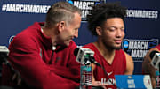 Alabama Crimson Tide head coach Nate Oats and guard Mark Sears (1) take questions during a press conference ahead of their NCAA Tournament First Round game at Rocket Arena on Thursday, March 20, 2025, in Cleveland, Ohio.