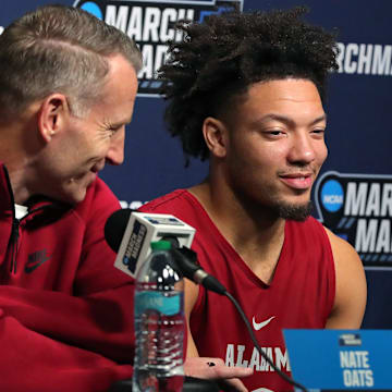 Alabama Crimson Tide head coach Nate Oats and guard Mark Sears (1) take questions during a press conference ahead of their NCAA Tournament First Round game at Rocket Arena on Thursday, March 20, 2025, in Cleveland, Ohio.