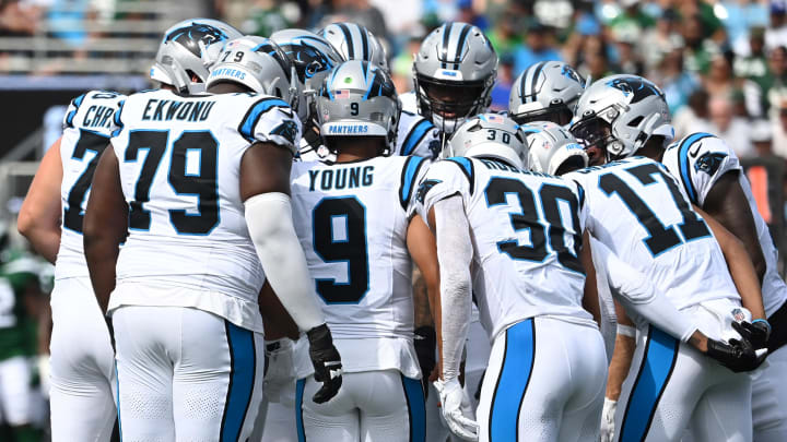 Aug 12, 2023; Charlotte, North Carolina, USA; Carolina Panthers quarterback Bryce Young (9) takes the huddle for the first time in the first quarter at Bank of America Stadium. Mandatory Credit: Bob Donnan-USA TODAY Sports