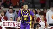 Feb 15, 2025; Norman, Oklahoma, USA; LSU Tigers forward Daimion Collins (10) reacts after scoring against the Oklahoma Sooners during the second half at Lloyd Noble Center. Mandatory Credit: Alonzo Adams-Imagn Images