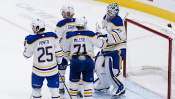 Nov 23, 2024; San Jose, California, USA;  Buffalo Sabres goaltender James Reimer (47) and center Ryan McLeod (71) and other players celebrate their team’s win over the San Jose Sharks at SAP Center in San Jose. Mandatory Credit: John Hefti-Imagn Images