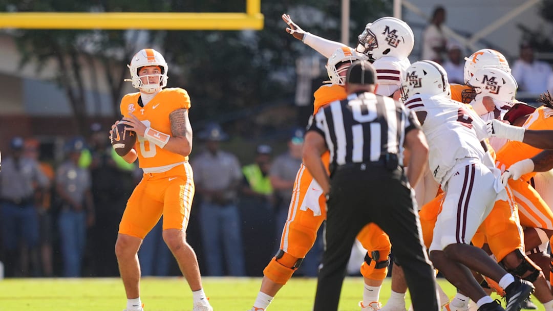 Tennessee quarterback Joey Aguilar (6) looks to pass during a college football game between Tennessee and Mississippi State at Davis Wade Stadium in Starkville, Miss., on Sept. 27, 2025.