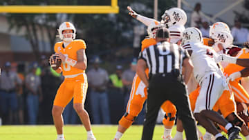 Tennessee quarterback Joey Aguilar (6) looks to pass during a college football game between Tennessee and Mississippi State at Davis Wade Stadium in Starkville, Miss., on Sept. 27, 2025.