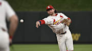 Sep 16, 2025; St. Louis, Missouri, USA; St. Louis Cardinals second baseman Brendan Donovan (33) throws out Cincinnati Reds first baseman Sal Stewart (43) (not pictured) at first base in the sixth inning at Busch Stadium. Mandatory Credit: Joe Puetz-Imagn Images