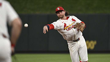 Sep 16, 2025; St. Louis, Missouri, USA; St. Louis Cardinals second baseman Brendan Donovan (33) throws out Cincinnati Reds first baseman Sal Stewart (43) (not pictured) at first base in the sixth inning at Busch Stadium. Mandatory Credit: Joe Puetz-Imagn Images