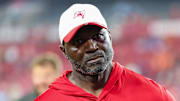 Aug 9, 2025; Tampa, Florida, USA; Tampa Bay Buccaneers head coach Todd Bowles looks on after a preseason game against the Tennessee Titans at Raymond James Stadium. Mandatory Credit: Nathan Ray Seebeck-Imagn Images