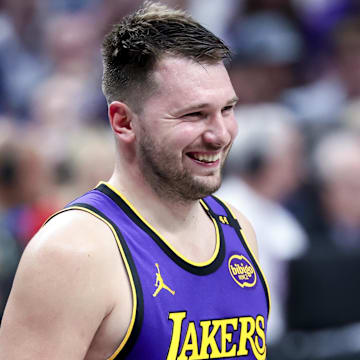 Apr 9, 2025; Dallas, Texas, USA;  Los Angeles Lakers guard Luka Doncic (77) reacts against the Dallas Mavericks during the second half at American Airlines Center. Mandatory Credit: Kevin Jairaj-Imagn Images