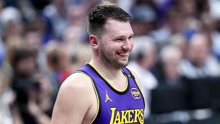 Apr 9, 2025; Dallas, Texas, USA;  Los Angeles Lakers guard Luka Doncic (77) reacts against the Dallas Mavericks during the second half at American Airlines Center. Mandatory Credit: Kevin Jairaj-Imagn Images