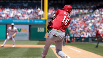 Jul 4, 2025; Philadelphia, Pennsylvania, USA; Cincinnati Reds Noelvi Marte hits an RBI sacrifice fly during the third inning against the Philadelphia Phillies at Citizens Bank Park. Mandatory Credit: Bill Streicher-Imagn Images