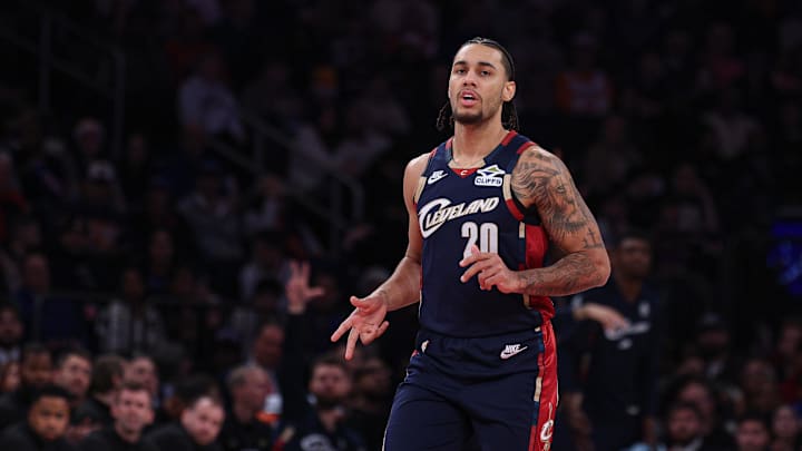 Dec 25, 2025; New York, USA; Cleveland Cavaliers guard Jaylon Tyson (20) reacts after a basket Mandatory Credit: Vincent Carchietta-Imagn Images