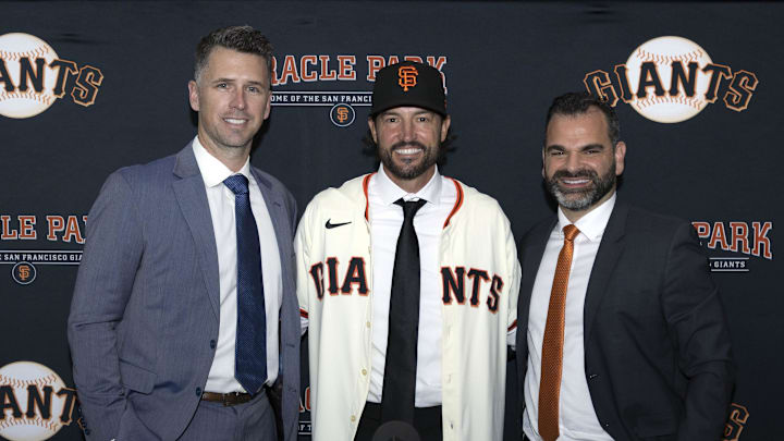 Oct 30, 2025; San Francisco, CA, USA;  Tony Vitello (center) is introduced as the new manager of the San Francisco Giants by president of baseball operations Buster Posey (left) and general manager Zack Minasian at Oracle Park. Mandatory Credit: D. Ross Cameron-Imagn Images