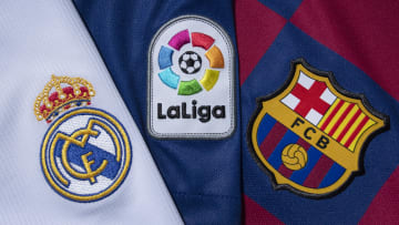 The La Liga logo with the FC Barcelona and Real Madrid Club Badges