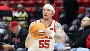 Mar 4, 2025; Salt Lake City, Utah, USA; Utah Utes guard Gabe Madsen warms up before the game against the West Virginia Mountaineers at Jon M. Huntsman Center. Mandatory Credit: Rob Gray-Imagn Images