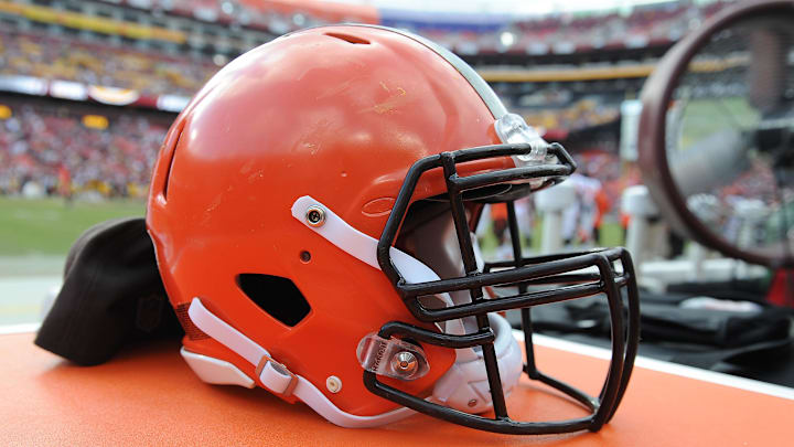 Oct 2, 2016; Landover, MD, USA; Detail view of Cleveland Browns helmet against the Washington Redskins during the second half at FedEx Field. Washington Redskins wins 31 - 20. Mandatory Credit: Brad Mills-Imagn Images