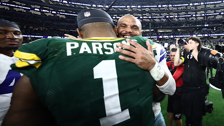 Green Bay Packers defensive end Micah Parsons and Dallas Cowboys quarterback Dak Prescott. Green Bay Packers defensive end Micah Parsons and Dallas Cowboys quarterback Dak Prescott.