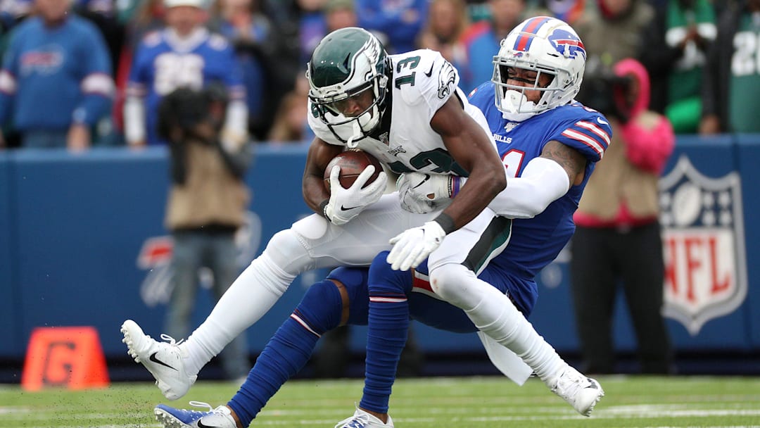 Bills Dean Marlowe wraps up Eagles receiver Nelson Agholor.

Jg 102719 Bills 12