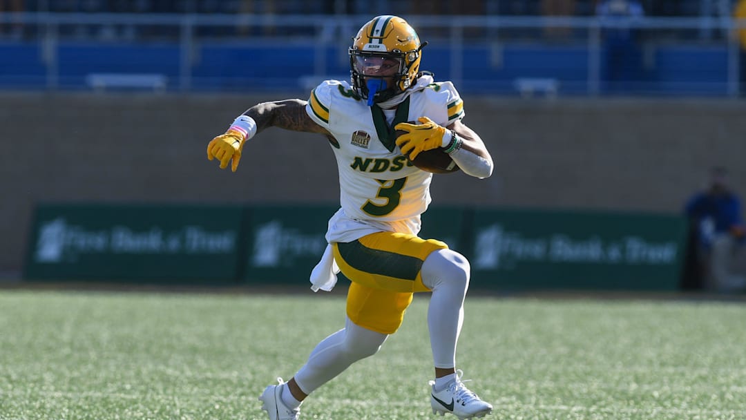 NDSU's wide receiver RaJa Nelson (3) runs with the ball on Saturday, Nov. 4, 2023 at Dana J Dykhouse Stadium in Brookings, South Dakota.