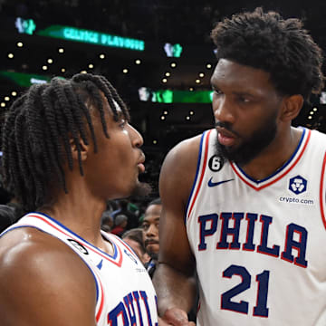 May 9, 2023; Boston, Massachusetts, USA; Philadelphia 76ers guard Tyrese Maxey (0) and center Joel Embiid (21) shake hands after defeating the Boston Celtics in game five of the 2023 NBA playoffs at TD Garden. Mandatory Credit: Bob DeChiara-Imagn Images