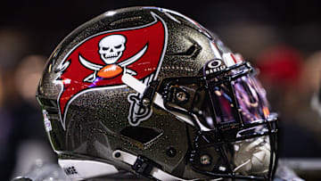 Oct 13, 2024; New Orleans, Louisiana, USA;  Detailed view of the Tampa Bay Buccaneers helmet against the New Orleans Saints during the first half at Caesars Superdome. Mandatory Credit: Stephen Lew-Imagn Images