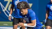 Sep 14, 2024; Tulsa, Oklahoma, USA;  Tulsa Golden Hurricane wide receiver Joseph Williams (8) warms up before a game against the Oklahoma State Cowboys at Skelly Field at H.A. Chapman Stadium. Mandatory Credit: Brett Rojo-Imagn Images