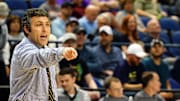 Former Georgia Tech Yellow Jackets head coach Josh Pastner shouts out to his players against the Florida State Seminoles during the first half of the first round of the ACC tournament at Greensboro Coliseum. 