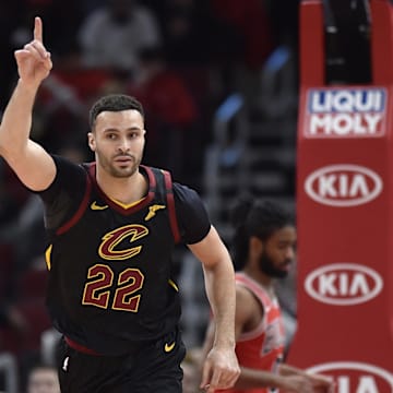 Mar 10, 2020; Chicago, Illinois, USA; Cleveland Cavaliers forward Larry Nance Jr. (22) reacts after scoring against the Chicago Bulls at United Center. Mandatory Credit: Quinn Harris-Imagn Images