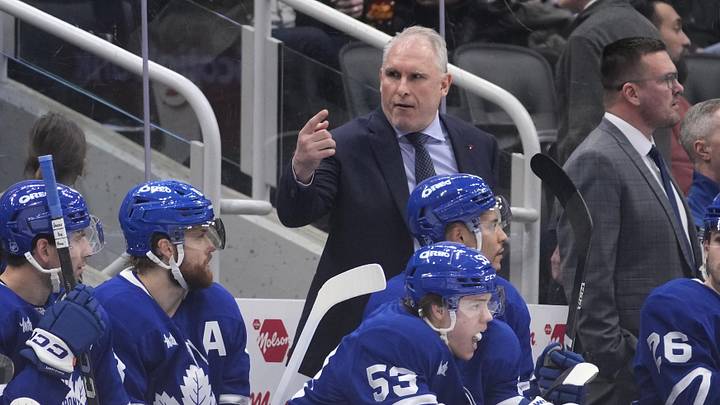 Mar 25, 2026; Toronto, Ontario, CAN; Toronto Maple Leafs head coach Craig Berube directs a player onto the ice  during the third period against the New York Rangers at Scotiabank Arena. Mandatory Credit: John E. Sokolowski-Imagn Images
