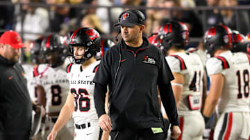 Oct 19, 2024; Nashville, Tennessee, USA;  Ball State Cardinals head coach Mike Neu paces the sidelines against the Vanderbilt Commodores during the second half at FirstBank Stadium. Mandatory Credit: Steve Roberts-Imagn Images