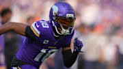 Nov 16, 2025; Minneapolis, Minnesota, USA; Minnesota Vikings wide receiver Justin Jefferson (18) warms up before a game against the Chicago Bears at U.S. Bank Stadium. Mandatory Credit: Brad Rempel-Imagn Images