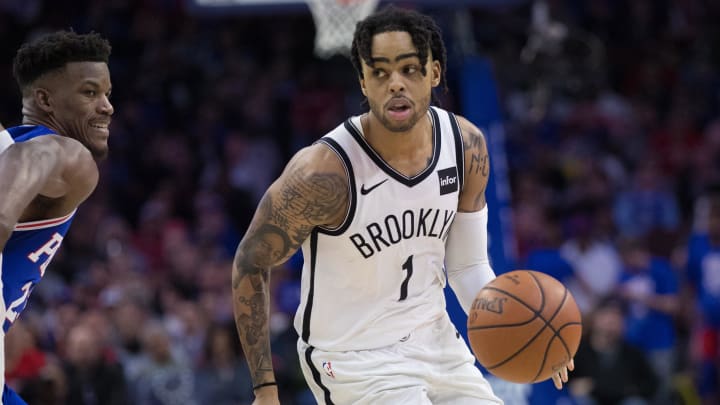 Apr 15, 2019; Philadelphia, PA, USA; Brooklyn Nets guard D'Angelo Russell (1) dribbles against the Philadelphia 76ers during the fourth quarter in game two of the first round of the 2019 NBA Playoffs at Wells Fargo Center. Mandatory Credit: Bill Streicher-USA TODAY Sports