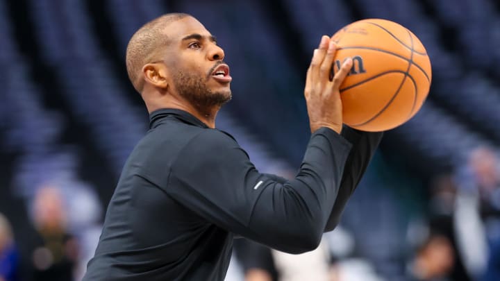 Apr 5, 2024; Dallas, Texas, USA;  Golden State Warriors guard Chris Paul (3) warms up before the game against the Dallas Mavericks at American Airlines Center. Mandatory Credit: Kevin Jairaj-USA TODAY Sports