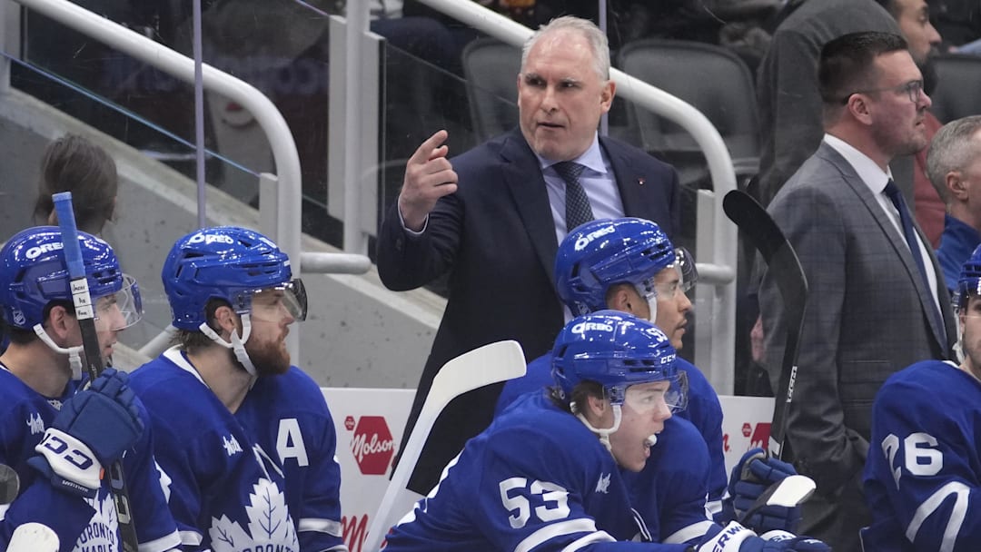 Mar 25, 2026; Toronto, Ontario, CAN; Toronto Maple Leafs head coach Craig Berube directs a player onto the ice during the third period against the New York Rangers at Scotiabank Arena. Mandatory Credit: John E. Sokolowski-Imagn Images