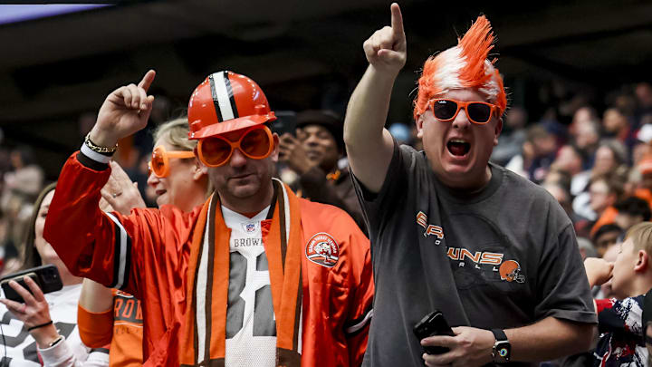 Jan 13, 2024; Houston, Texas, USA; Cleveland Browns fans during the first quarter in a 2024 AFC wild card game at NRG Stadium. Mandatory Credit: Thomas Shea-Imagn Images