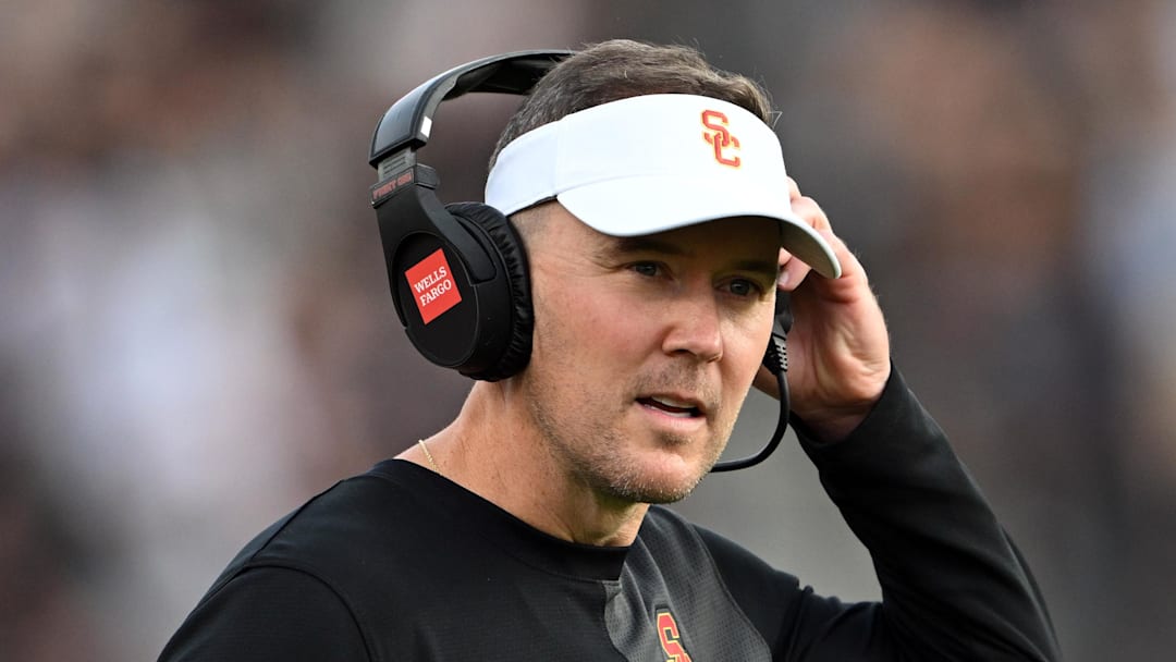 Sep 13, 2025; West Lafayette, Indiana, USA; Southern California Trojans head coach Lincoln Riley stands on the sidelines during the first quarter against the Purdue Boilermakers at Ross-Ade Stadium. Mandatory Credit: Marc Lebryk-Imagn Images