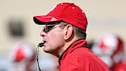 Sep 6, 2025; Bloomington, Indiana, USA; Indiana Hoosiers head coach Curt Cignetti watches his team during warmups prior to the game against the Kennesaw State Owls at Memorial Stadium. 