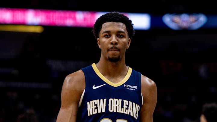 Feb 23, 2025; New Orleans, Louisiana, USA; New Orleans Pelicans guard Trey Murphy III (25) looks on against the San Antonio Spurs during the first half at Smoothie King Center. Mandatory Credit: Stephen Lew-Imagn Images Feb 23, 2025; New Orleans, Louisiana, USA; New Orleans Pelicans guard Trey Murphy III (25) looks on against the San Antonio Spurs during the first half at Smoothie King Center. Mandatory Credit: Stephen Lew-Imagn Images