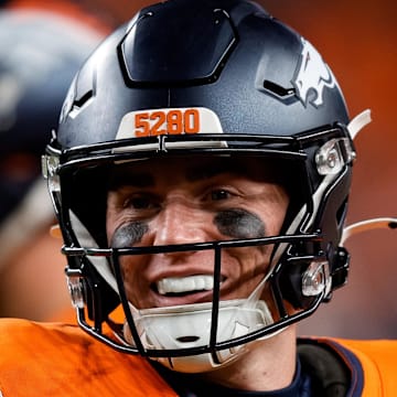 Dec 15, 2024; Denver, Colorado, USA; Denver Broncos quarterback Bo Nix (10) in the fourth quarter against the Indianapolis Colts at Empower Field at Mile High. Mandatory Credit: Isaiah J. Downing-Imagn Images