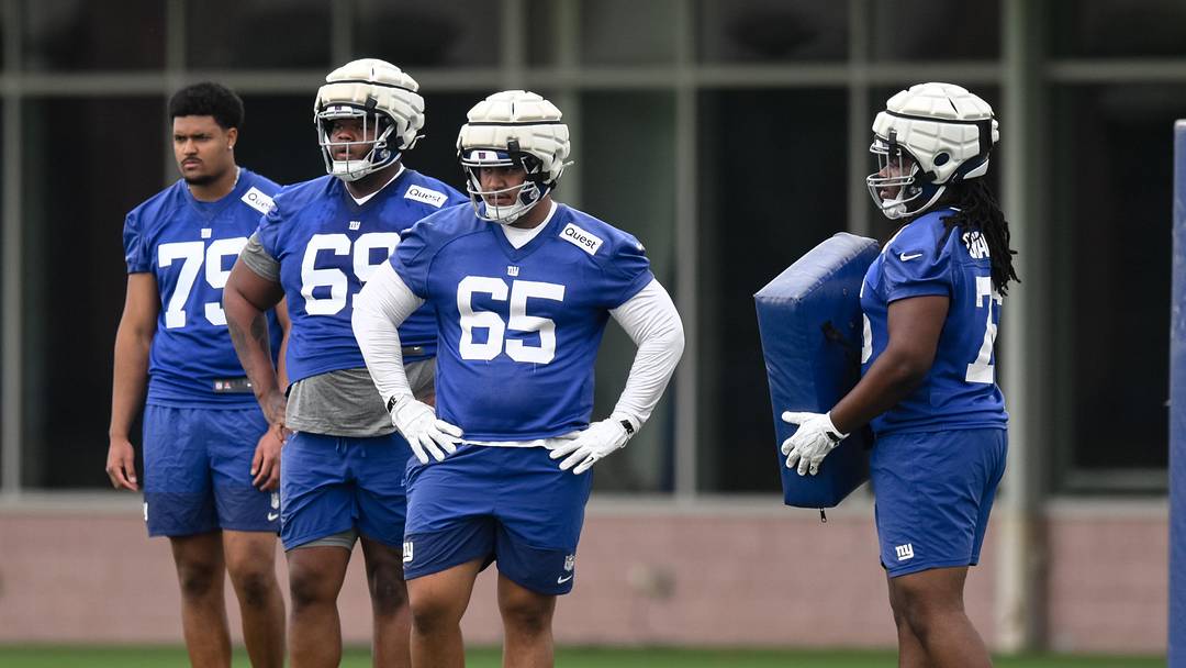 May 9, 2026; East Rutherford, NJ, USA; New York Giants offensive lineman Francis Mauigoa (65) looks on during a drill at rookie minicamp at Quest Diagnostics Training Center.  