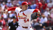 Sep 1, 2025; St. Louis, Missouri, USA;  St. Louis Cardinals starting pitcher Sonny Gray (54) pitches against the Athletics during the first inning at Busch Stadium. Mandatory Credit: Jeff Curry-Imagn Images